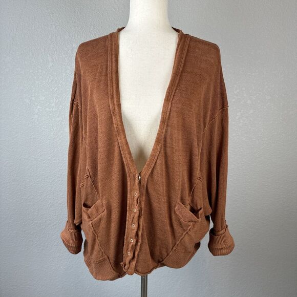 Free People Day Like This Lightweight Cardigan Sweater Size M Brown Linen Knit - Picture 1 of 9